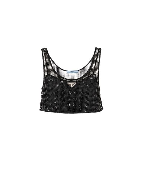 prada mesh crop top|Black Rhinestone embroidered mesh top .